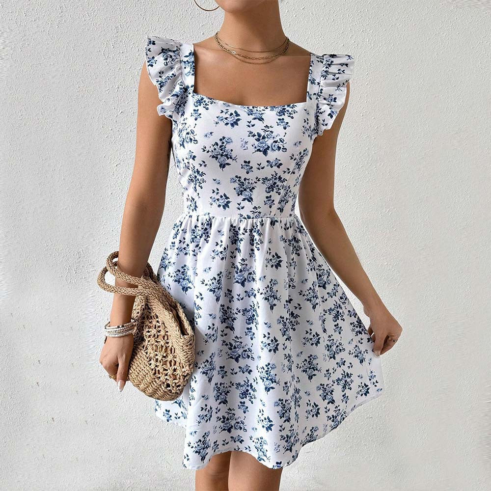 Damen Blumenkleid Sommer Rüschendetails Quadrat-Ausschnitt Norvielle