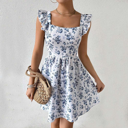 Damen Blumenkleid Sommer Rüschendetails Quadrat-Ausschnitt Norvielle