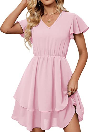 Damen Freizeitkleid Fließender Rock Rüschenärmel Norvielle