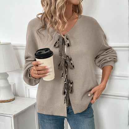 Damen Strickpullover Lässig mit Schleifen-Detail Beige