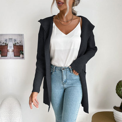 Damen Strickcardigan Offene Front Hochkragen Beige