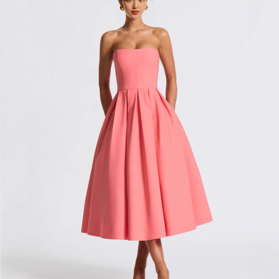 Damen Abendkleid A-Linie tief ausgeschnitten mit Plissee
