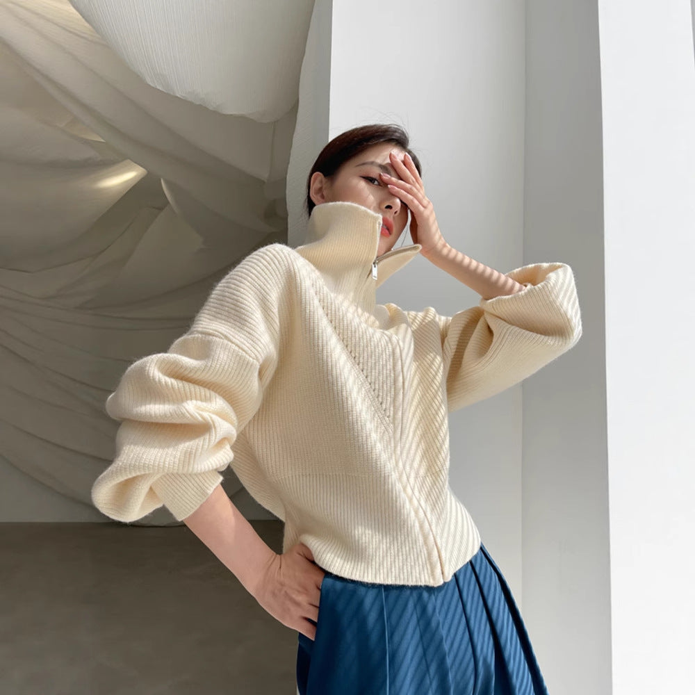 Damen Grobstrick Pullover Übergroß V-Ausschnitt Beige