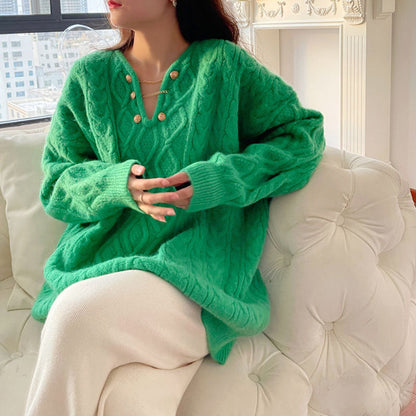 Damen Grobstrickpullover mit Knöpfen und Zopfmuster