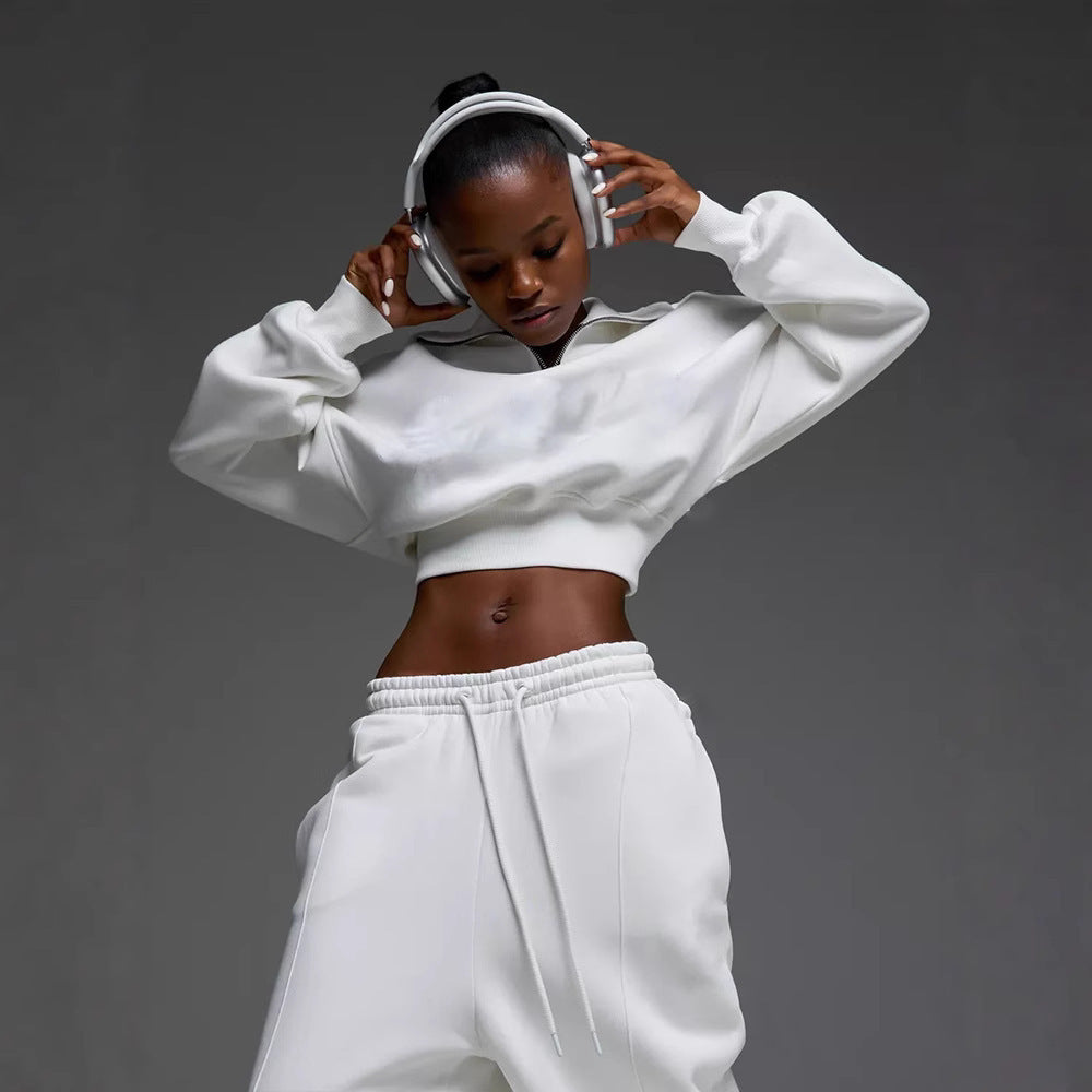 Damen Crop- Set mit hohem Kragen und weiten Hosen