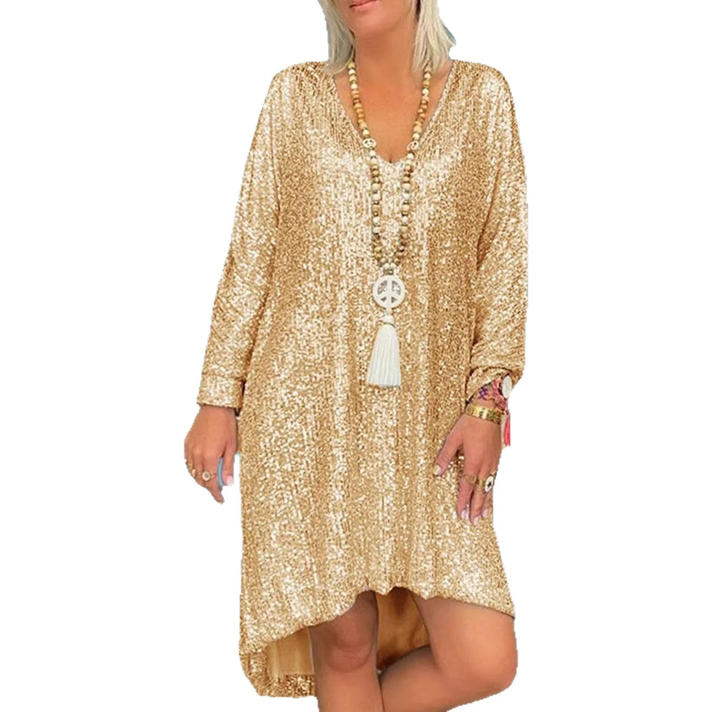 Damen Oversized Kleid V-Ausschnitt Länge Lang Ärmel Glitzernd
