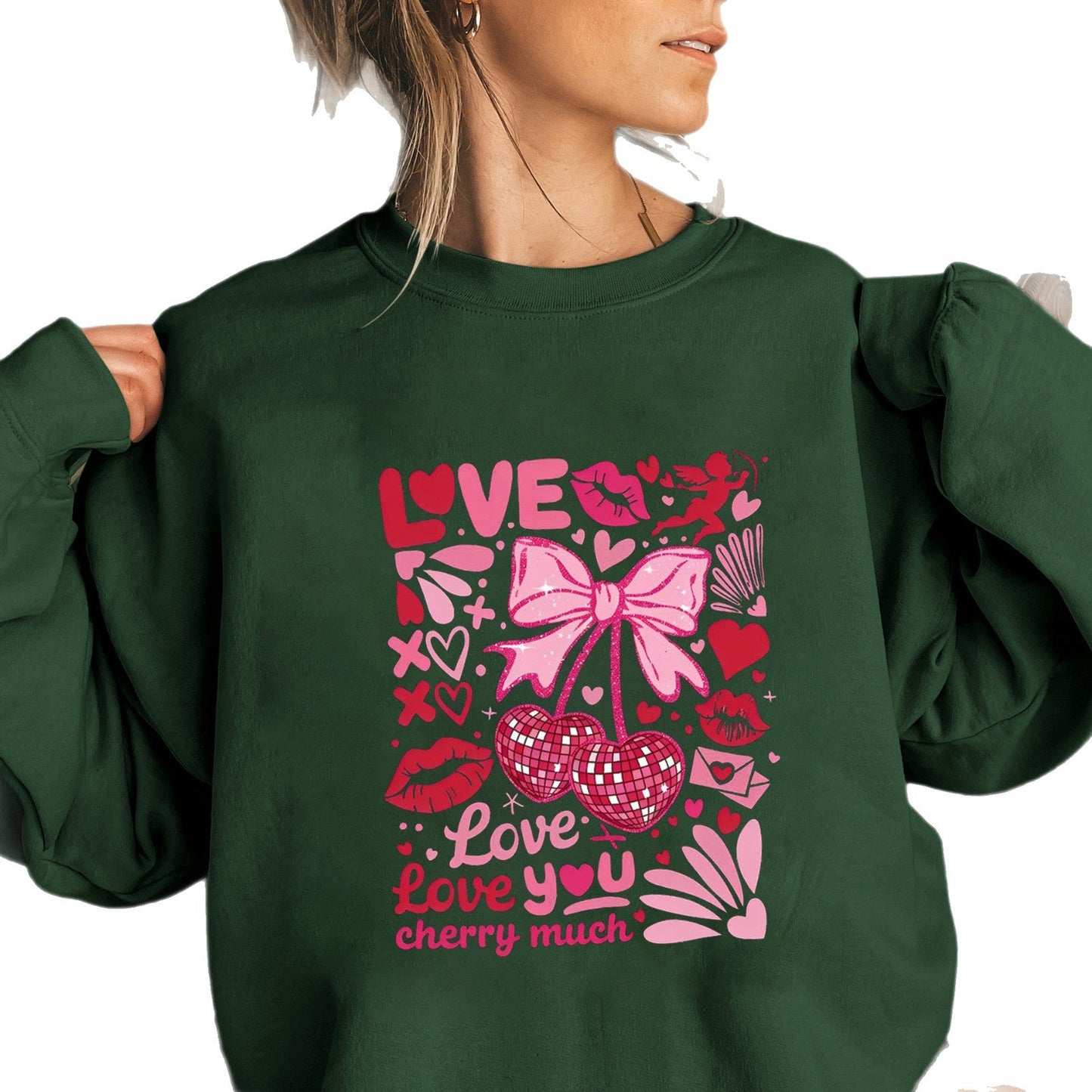 Damen Sweatshirt Voluminöse Ärmel Kirschmotiv Grün