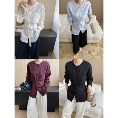 Damen Bluse mit Gürtel und Taschen Norvielle