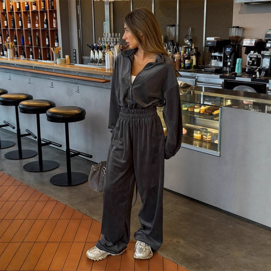 Damen Velours-Jumpsuit Hohler Kragen Locker Norvielle