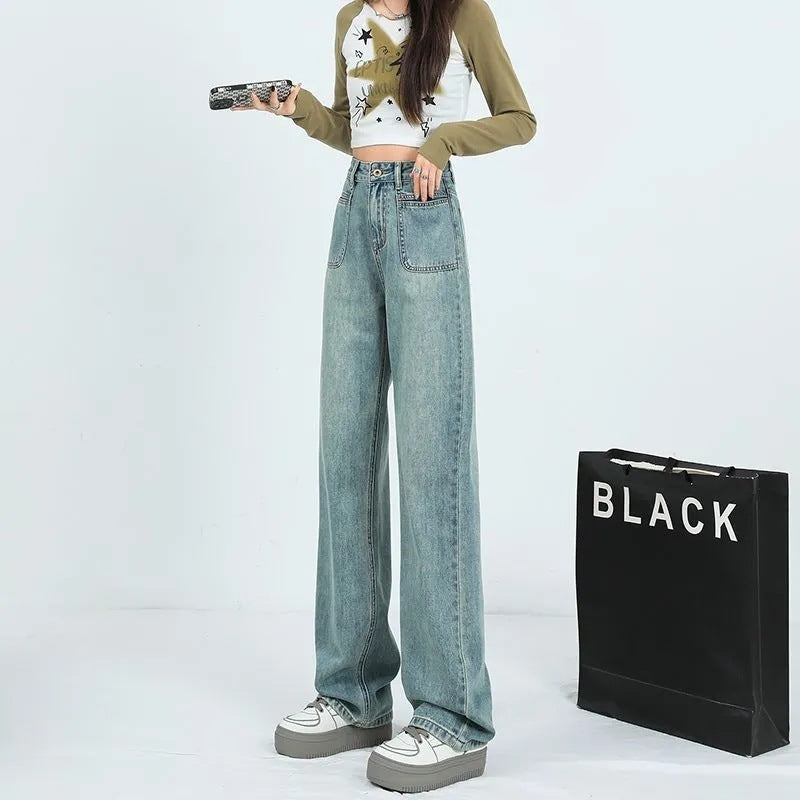Damen Weite Denim-Hose Hohe Taschen Norvielle