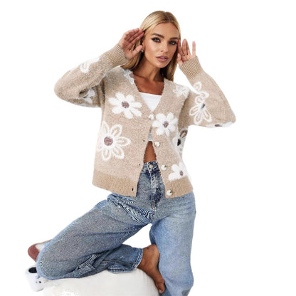 Damen Strickjacke Floralmuster Knöpfe Beige