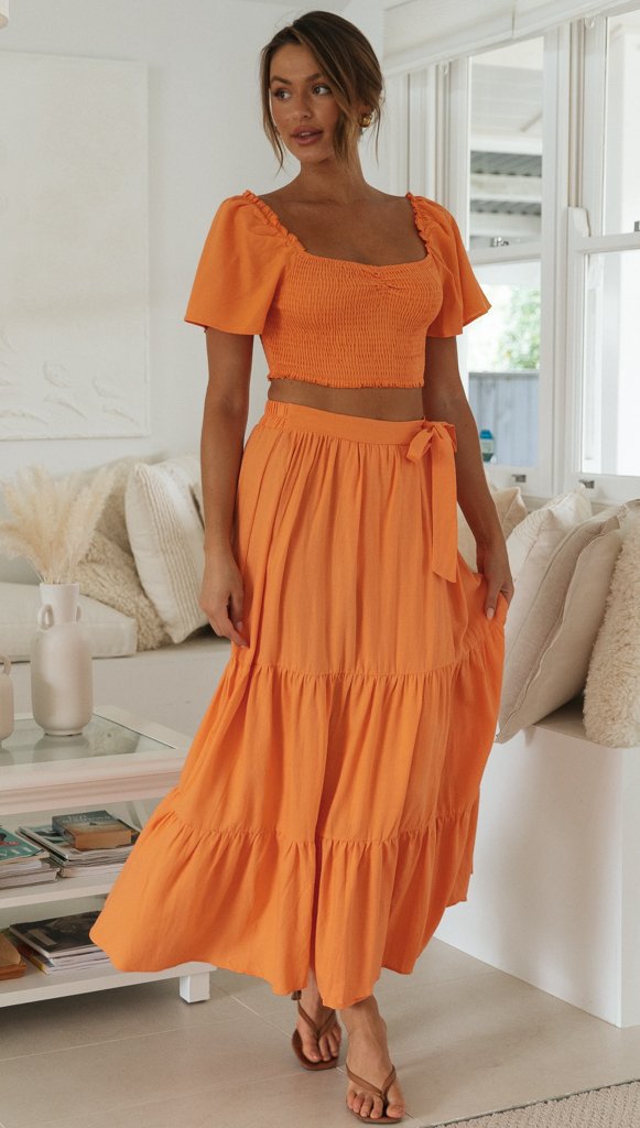 Damen Maxi-Rock Set mit gepufftem Crop-