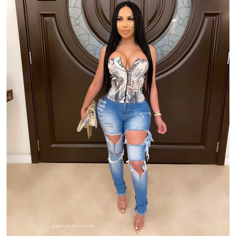 Damen Skinny Jeans Destroyed High Waist