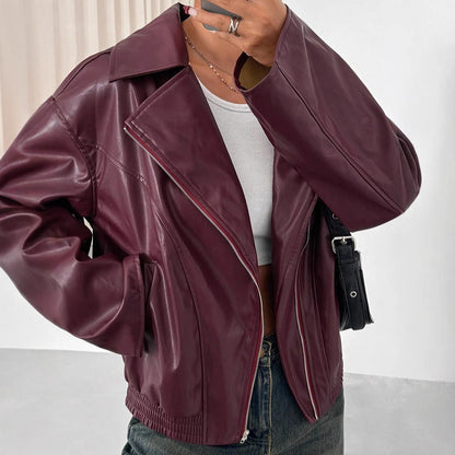 Damen Kunstlederjacke Oversized Reißverschluss