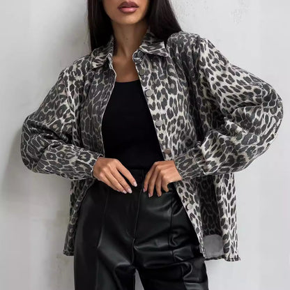 Damen Oversized Jeansjacke Leopardenmuster