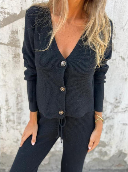 Damen Strickanzug V-Ausschnitt Elegant Knöpfe Norvielle