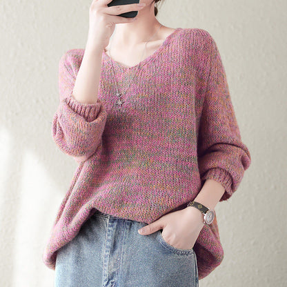Damen Oversized Pullover V-Ausschnitt Grobstrick Beige - Norvielle