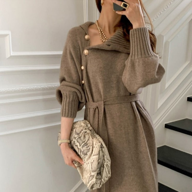 Damen Strickkleid Hochausschnitt Dekorative Knöpfe Norvielle - Norvielle
