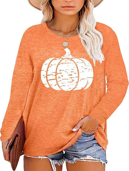 Damen Langarmshirt Kürbis-Motiv Baumwolle Herbstfarben