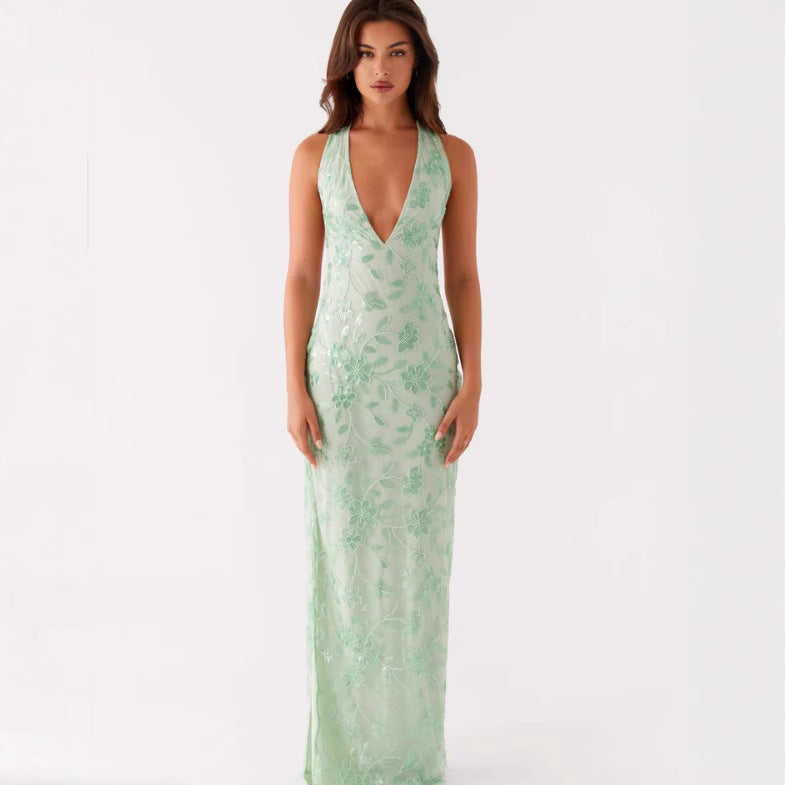 Damen Langarmkleid Spitze V-Ausschnitt Elegant Blumenmuster - Norvielle
