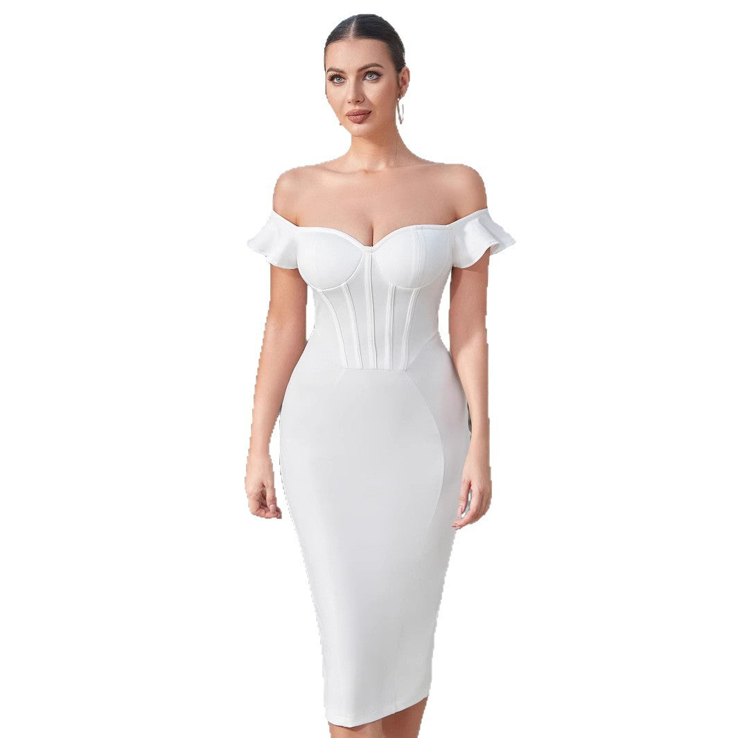 Damen Kleid Schulterfrei Korsett-Optik Figurbetont