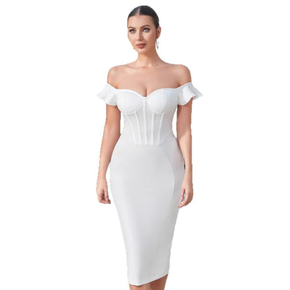Damen Kleid Schulterfrei Korsett-Optik Figurbetont