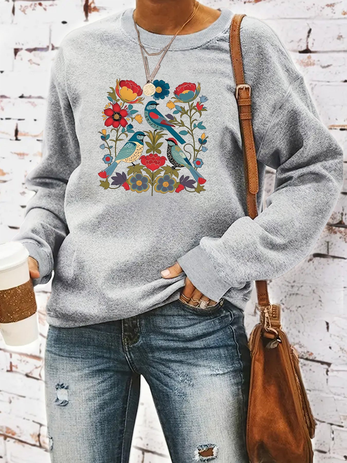 Damen Sweatshirt Florales Vogeldesign Lässiger Schnitt Norvielle