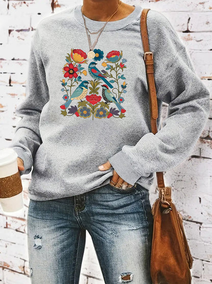 Damen Sweatshirt Florales Vogeldesign Lässiger Schnitt Norvielle
