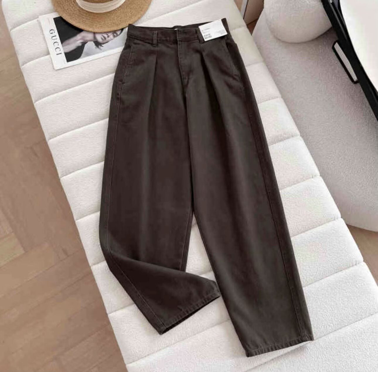 Damen Chino-Hose Weite Passform Hochwerder Bund Praktische Taschen