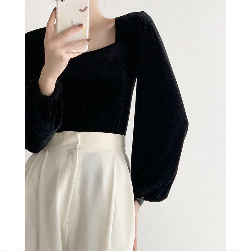 Damen Strickoberteil Puffärmel Quadrat-Ausschnitt Elegantes Design