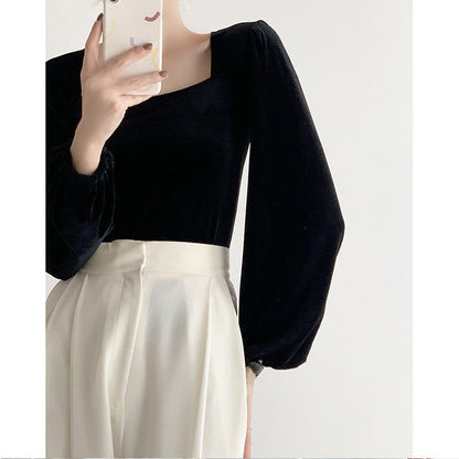 Damen Strickoberteil Puffärmel Quadrat-Ausschnitt Elegantes Design