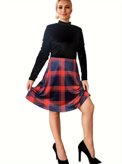 Damen Karo-Kleid Hochgeschlossen Fließender Rock Norvielle