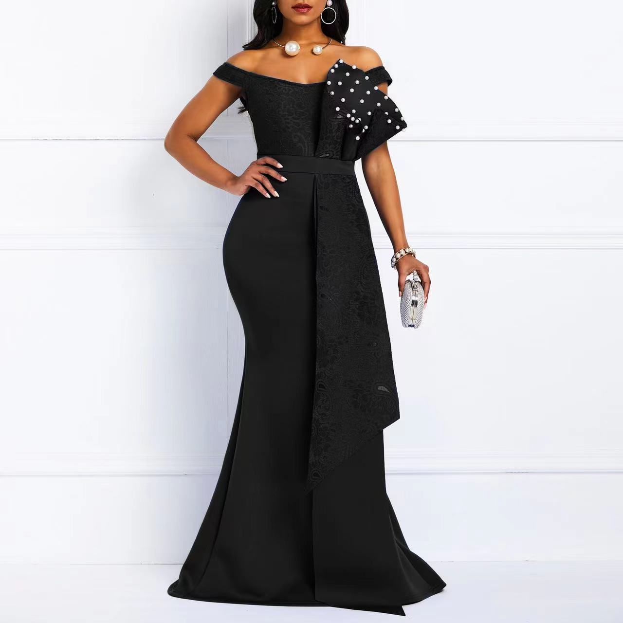 Damen Abendkleid Off-Shoulder Spitze Applikationen