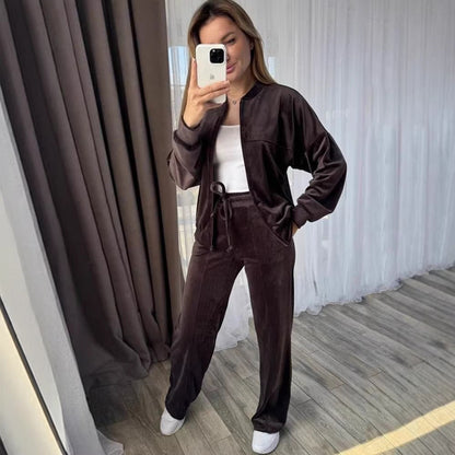 Damen Velours Jogginganzug Hochkragen Praktische Taschen Schwarz - Norvielle