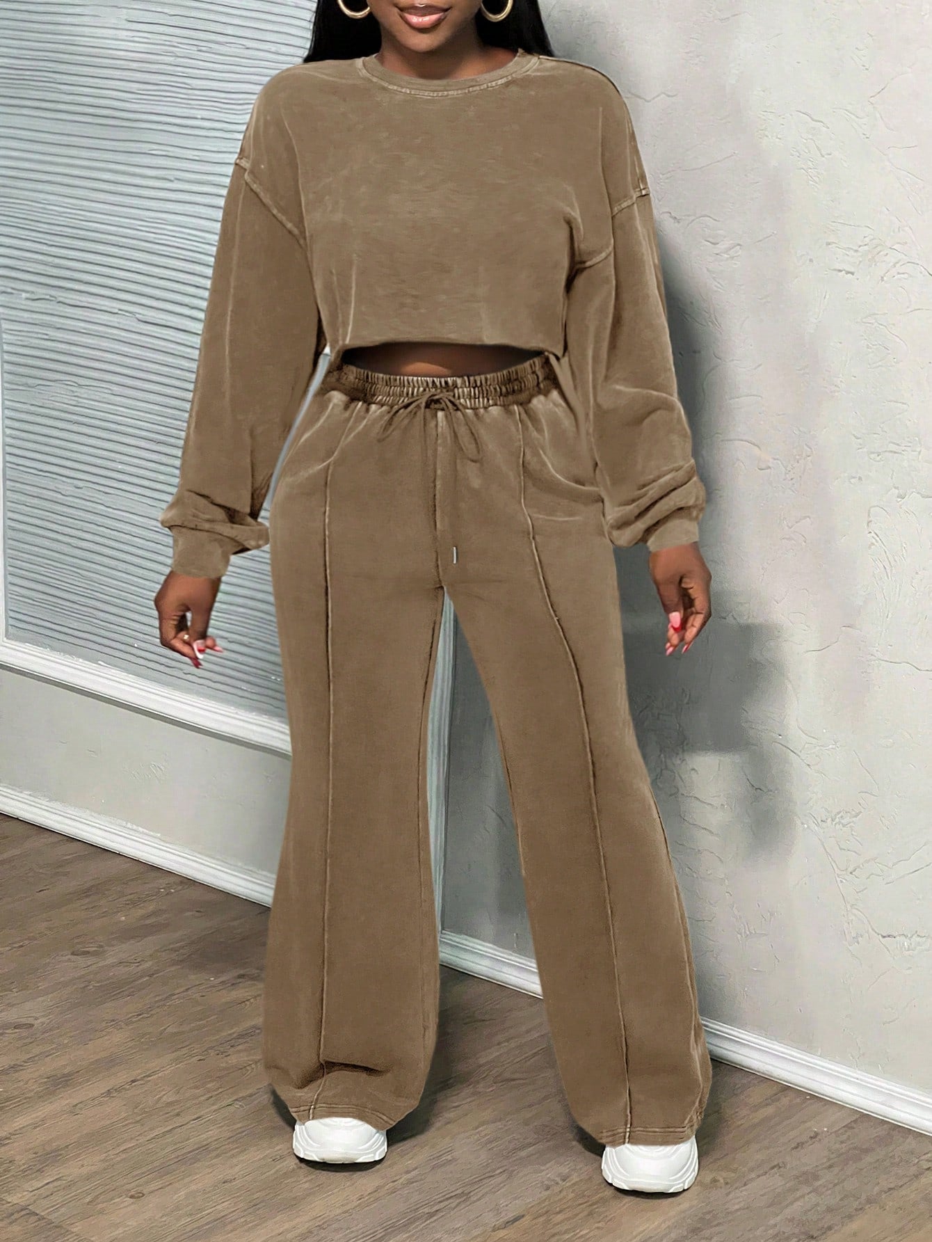 Damen Crop- und Hose Set Baumwolle Beige