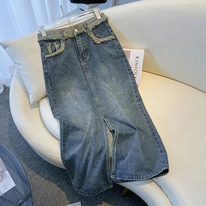 Damen Denim-Midi-Rock mit Frontschlitz Blau - Norvielle