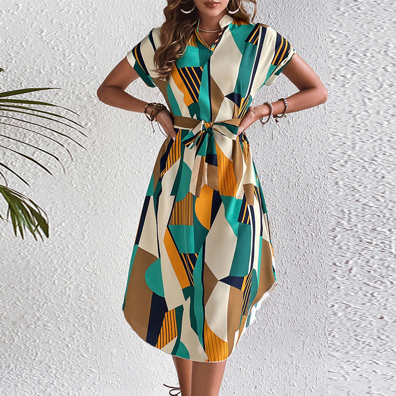 Damen Maxikleid Geometrisches Design Taillengürtel Norvielle - Norvielle
