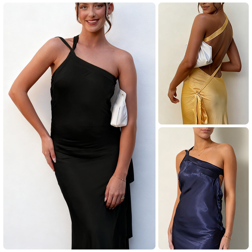 Damen Maxikleid Asymmetrischer Halter Satin Schimmernd - Norvielle