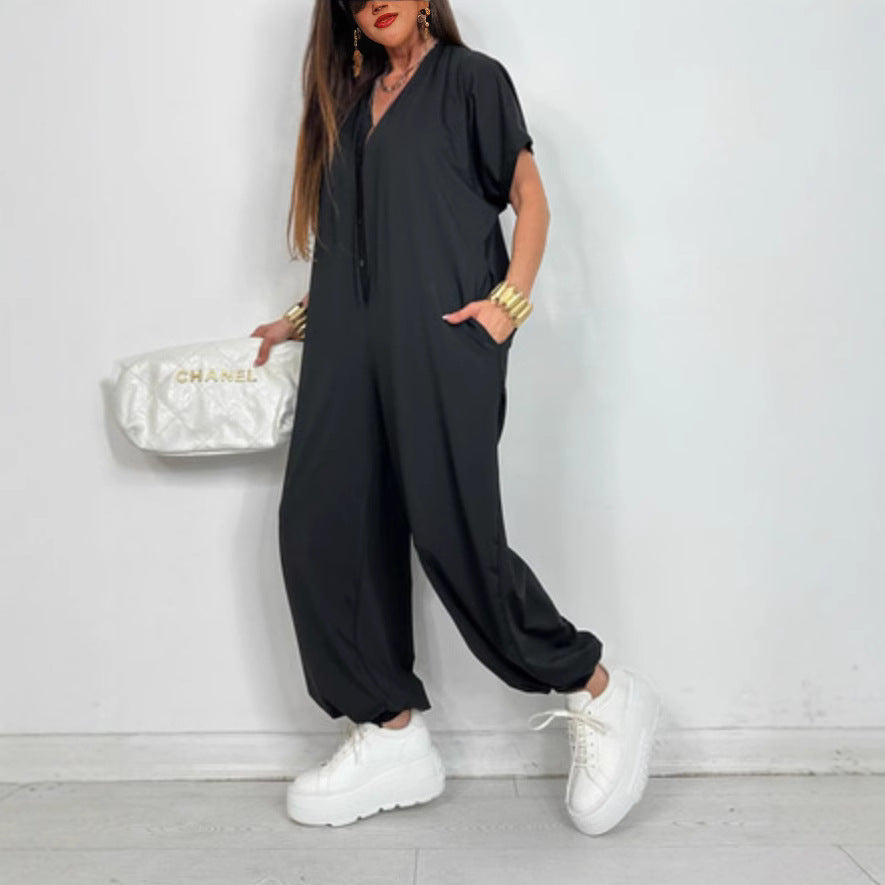 Damen Oversized Jumpsuit Leopardenmuster mit Taschen
