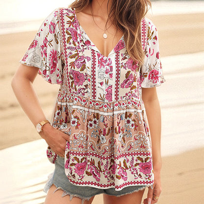 Damen Tunika Boho-Stil Floralmuster Luftige Ärmel Norvielle