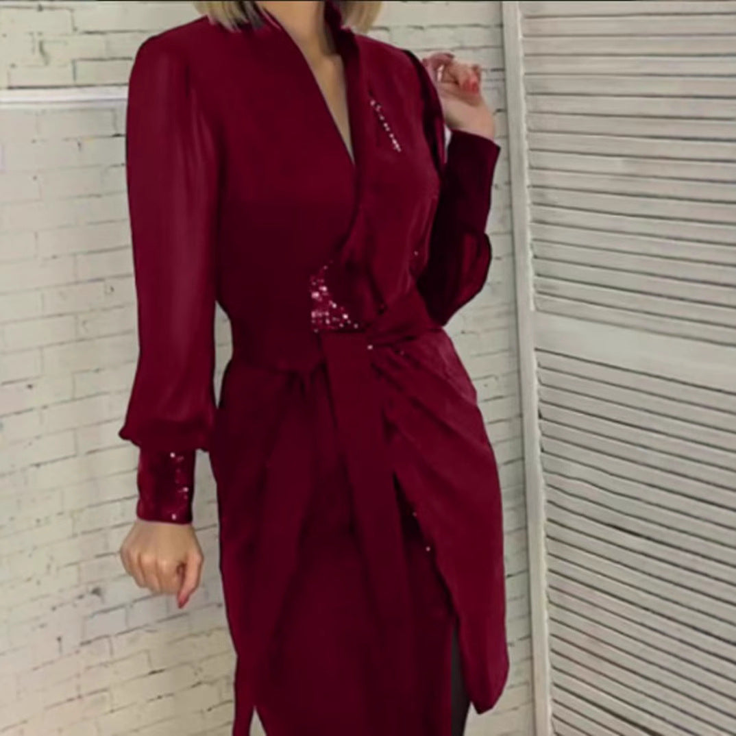 Damen Wickelkleid mit Pailletten Taillengürtel