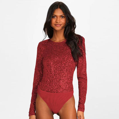 Damen Glitzerndes Bodysuit Längsärmig Schimmernder Stoff