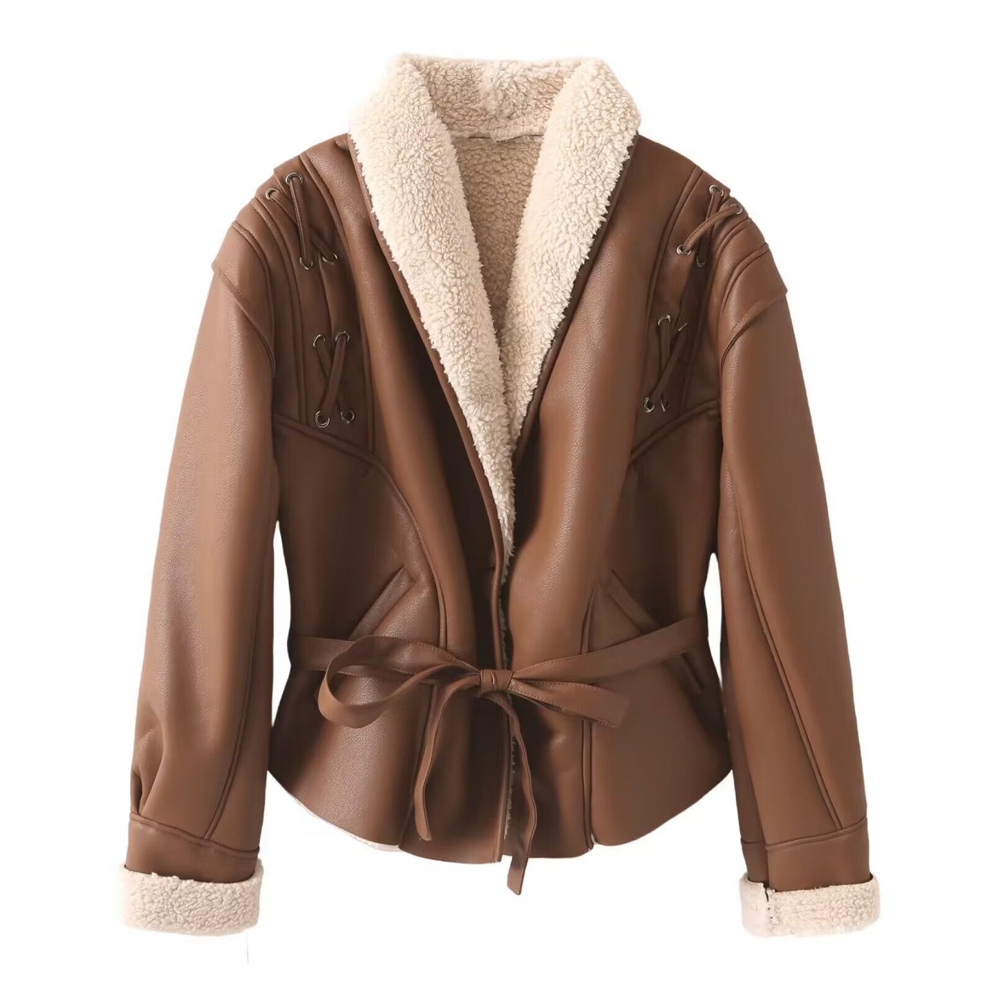 Damen Kunstlederjacke Teddyfutter Schnürdetails