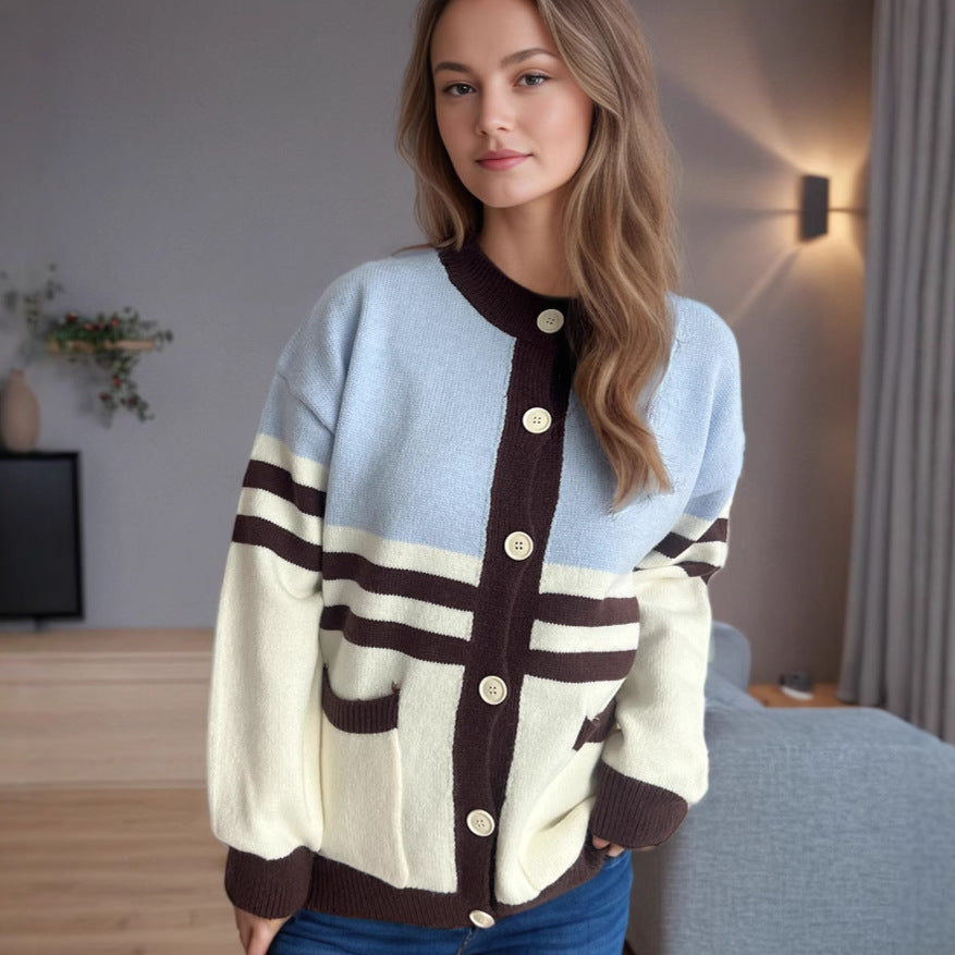 Damen Strickjacke Dekorative Streifen Große Knöpfe Norvielle
