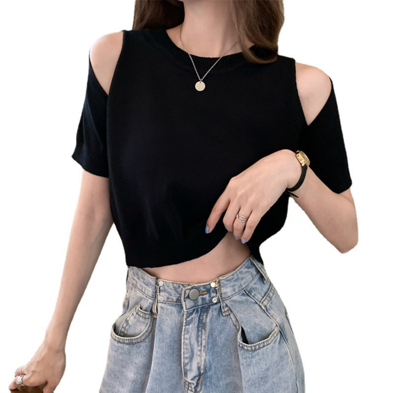 Damen Cropped Schulterfrei Strickmuster Norvielle