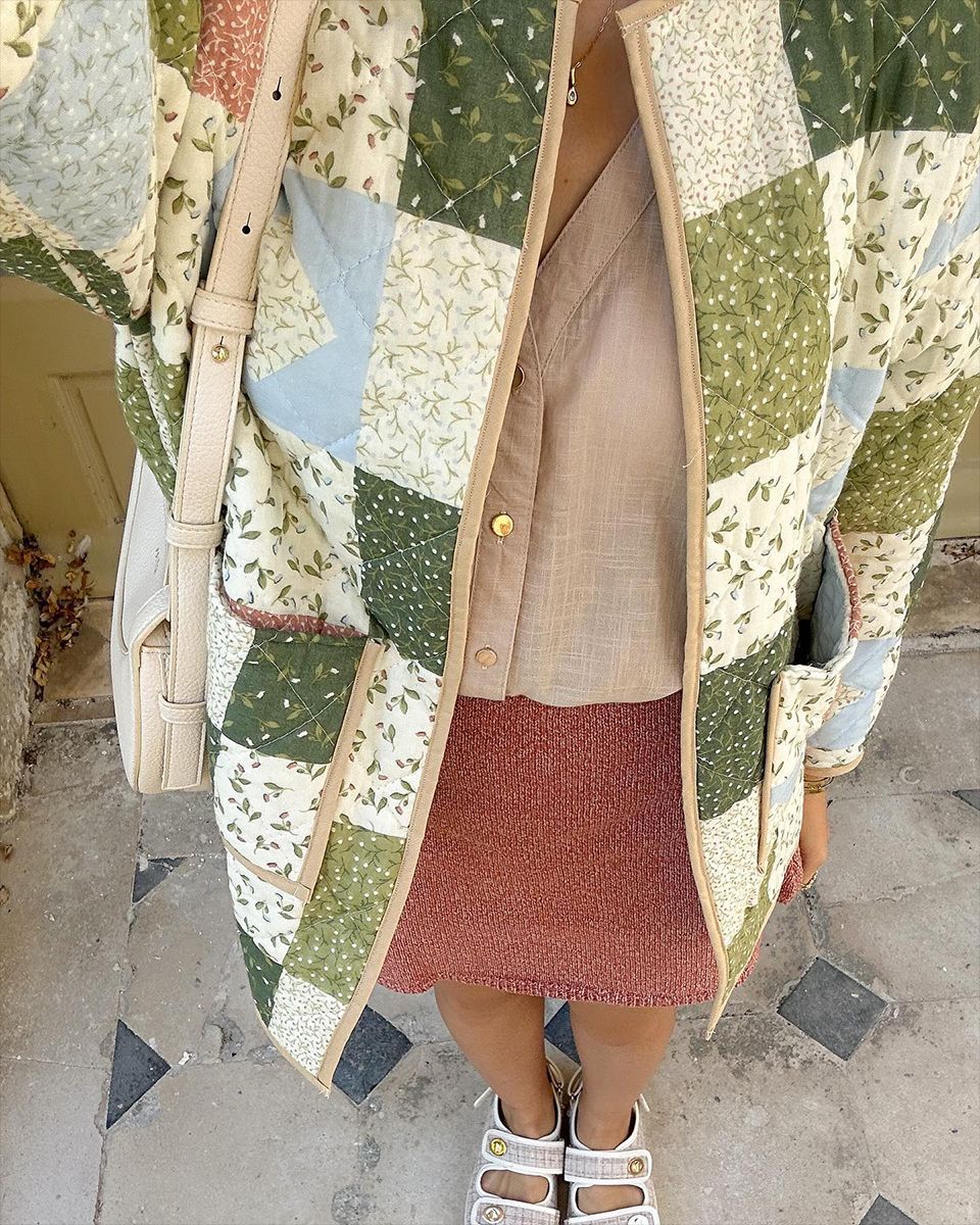 Damen Steppjacke Patchwork Floralmuster mit Knöpfen