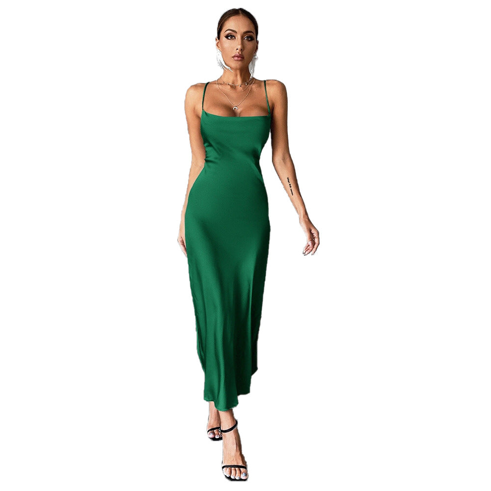 Damen Satin Maxikleid Spaghetti-Träger Fließender Schnitt