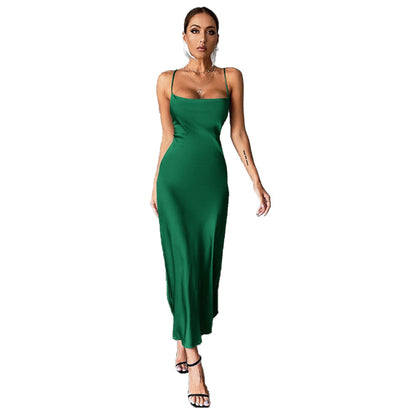 Damen Satin Maxikleid Spaghetti-Träger Fließender Schnitt