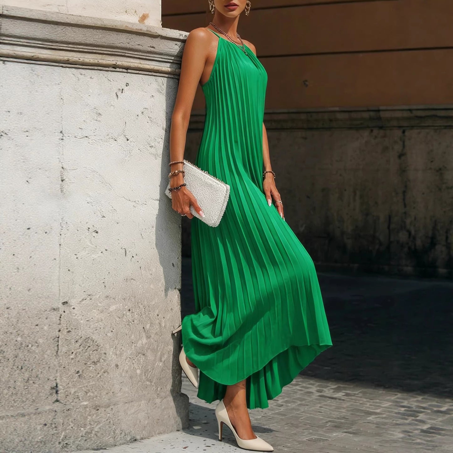 Damen Maxikleid Plissiert Verstellbare Träger Norvielle