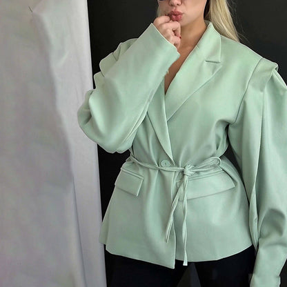 Damen Oversized Blazer mit Taillengürtel und Puffärmeln